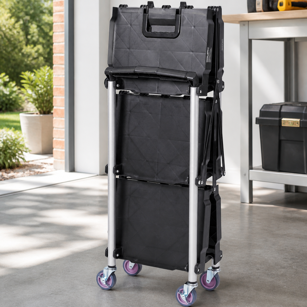 Foldable Three-Shelf Rolling Utility Cart in a colorful realistic setting