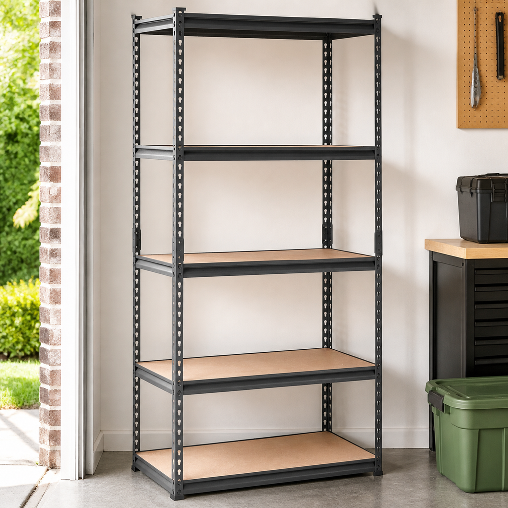 Five-Tier Adjustable Utility Storage Shelf — Black in a colorful realistic setting