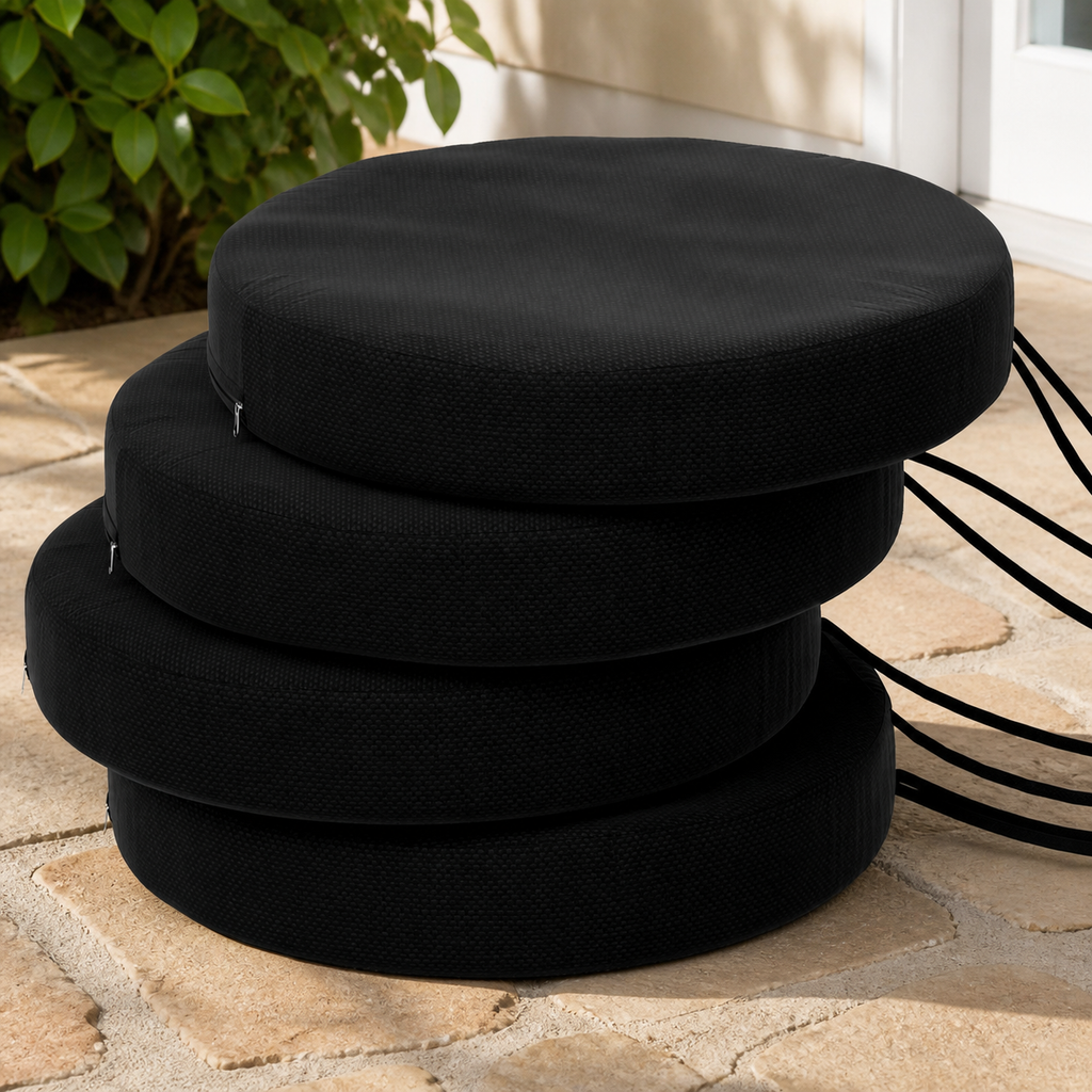 Round Patio Chair Cushions — Set of 4, Black in a colorful realistic setting