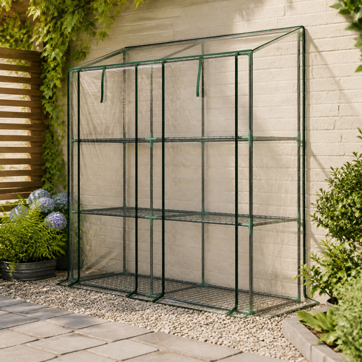 Lean-To Greenhouse with Three-Tier Shelves — Clear in a colorful realistic setting