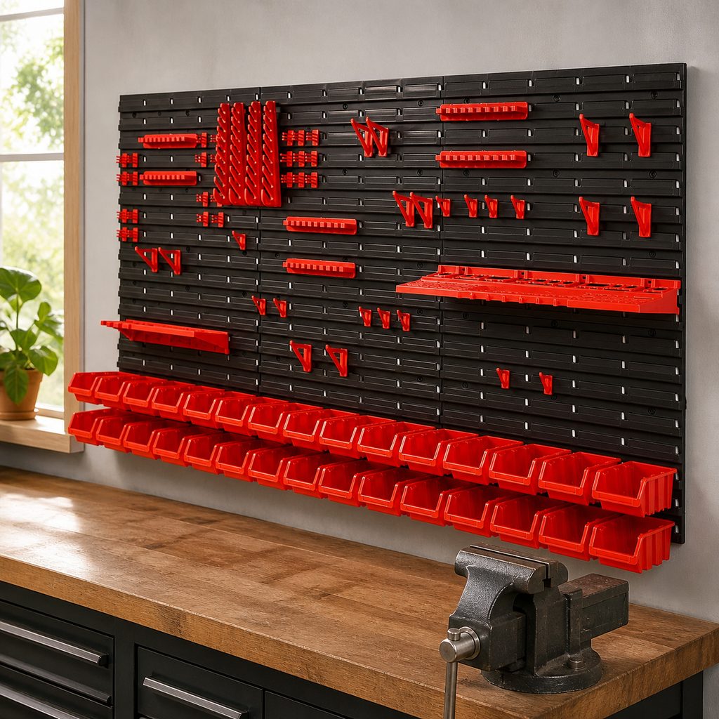 Wall-Mounted 30-Bin Storage Organizer — Black and Red in a colorful realistic setting