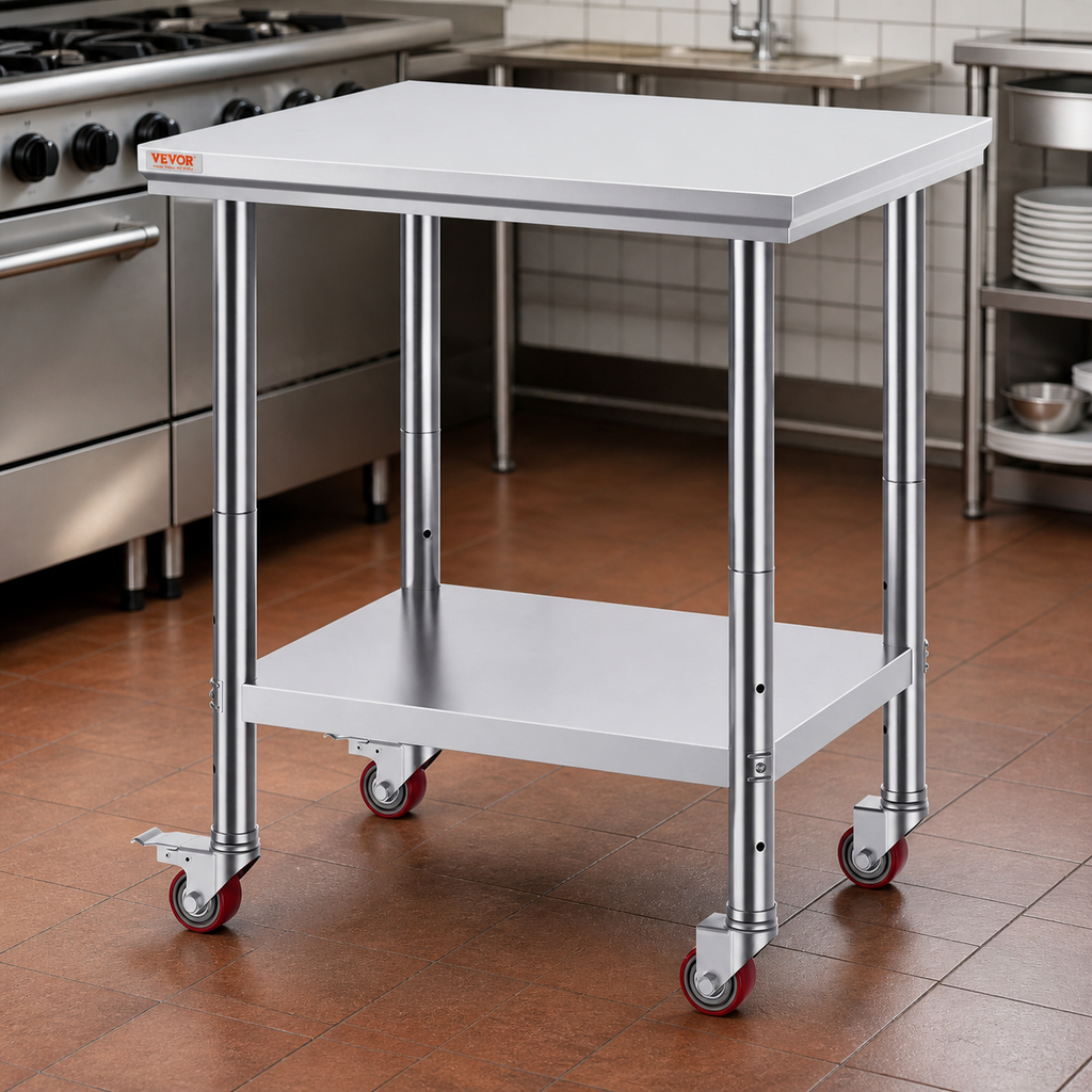 Rolling Stainless-Steel Prep Table — 24 × 30 in. in a colorful realistic setting
