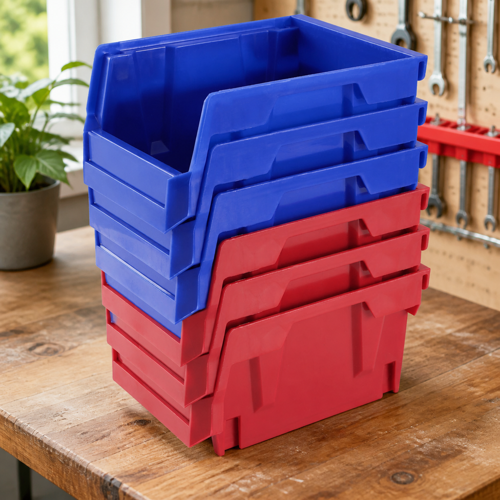 Stackable Storage Bins — 24 Pack, Blue and Red in a colorful realistic setting