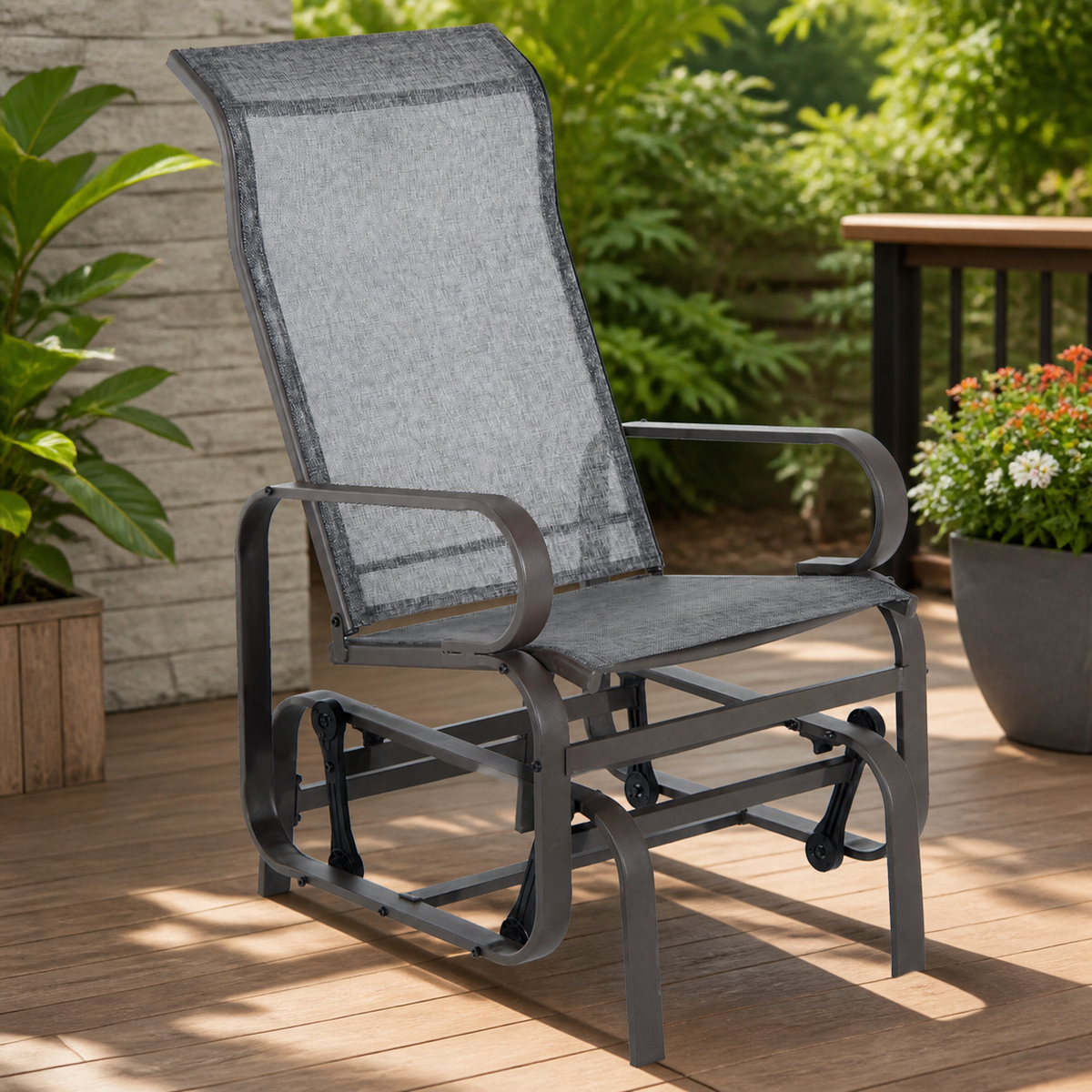 Outdoor Metal Glider Rocking Chair — Gray in a colorful realistic setting