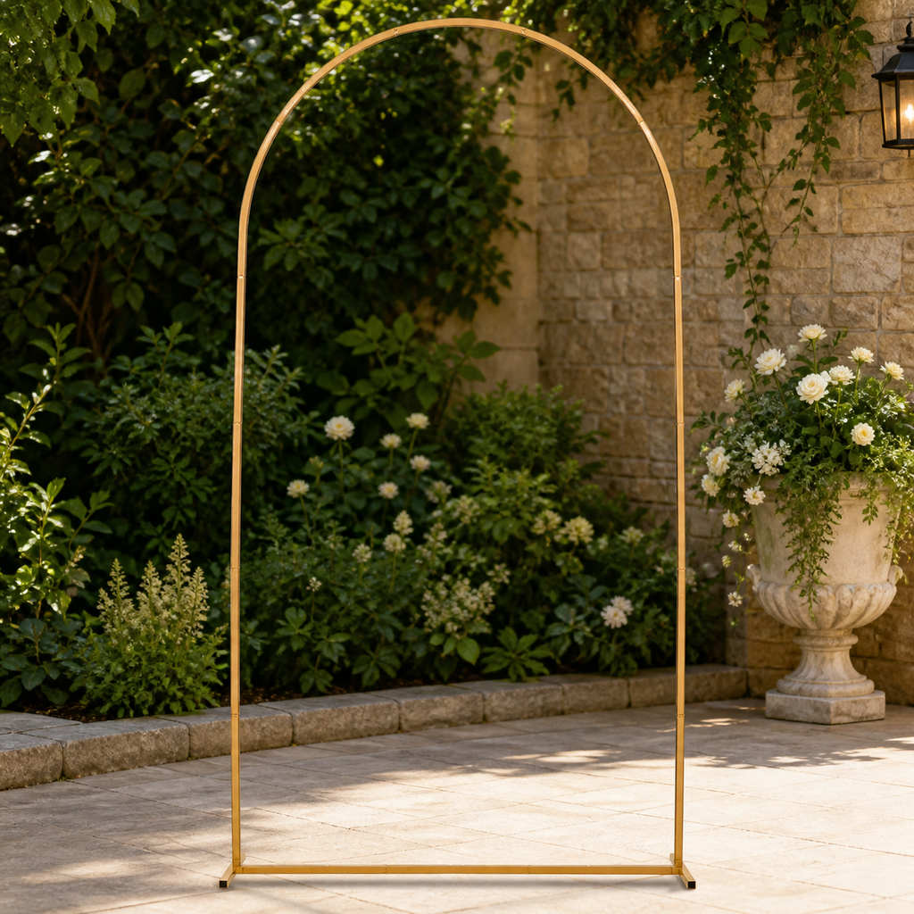 Gold Metal Arch Backdrop Stand — 7.2 × 4 ft. in a colorful realistic setting