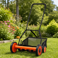 Manual Five-Blade Reel Lawn Mower in a colorful realistic setting