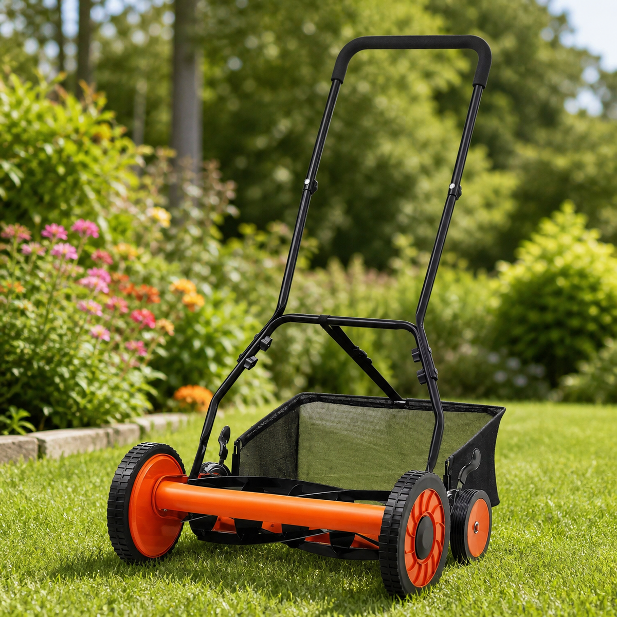 Manual Five-Blade Reel Lawn Mower in a colorful realistic setting