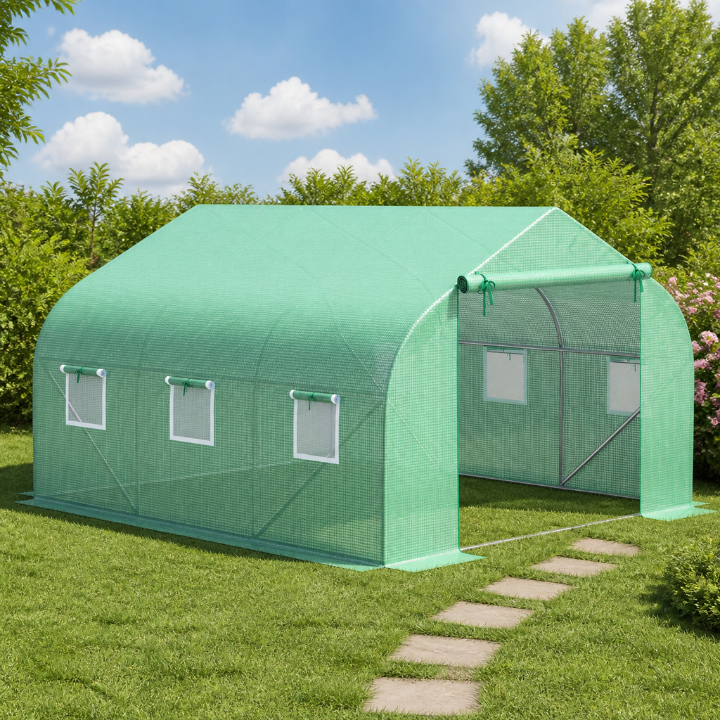 Walk-In Tunnel Greenhouse with Roll-Up Doors in a colorful realistic setting