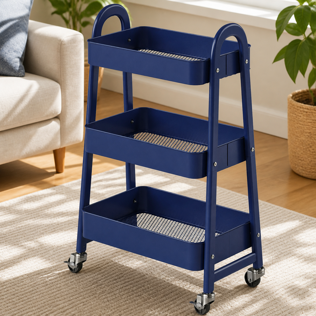 Three-Tier Rolling Metal Utility Cart in a colorful realistic setting