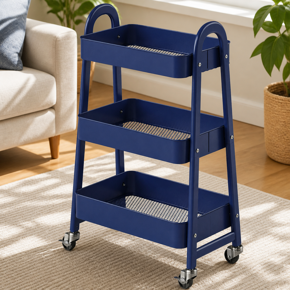 Three-Tier Rolling Metal Utility Cart in a colorful realistic setting