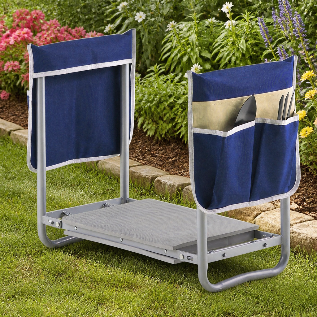 Folding Garden Kneeler and Seat with Tool Bags in a colorful realistic setting