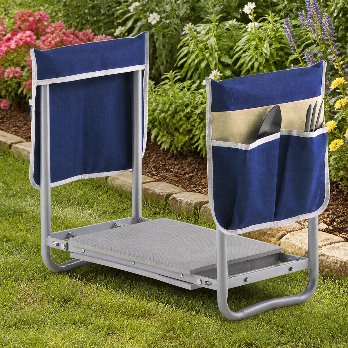 Folding Garden Kneeler and Seat with Tool Bags in a colorful realistic setting