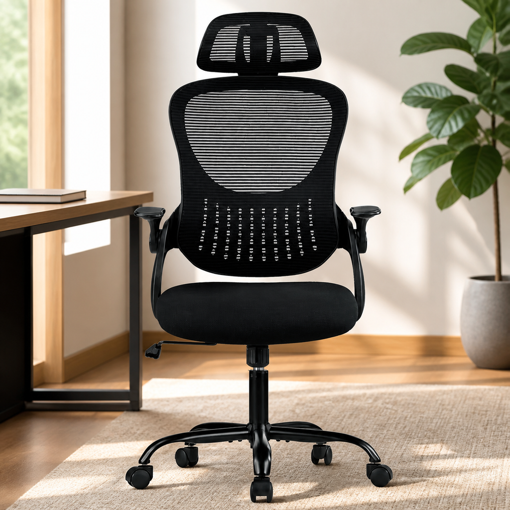 High-Back Ergonomic Mesh Office Chair — Black in a colorful realistic setting