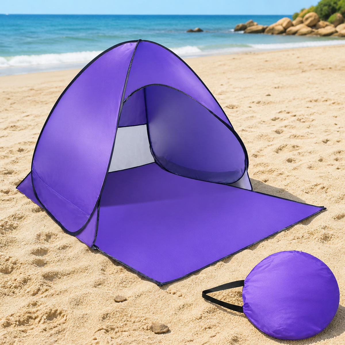 Pop-Up Beach Shade Tent with Storage Bag in a colorful realistic setting