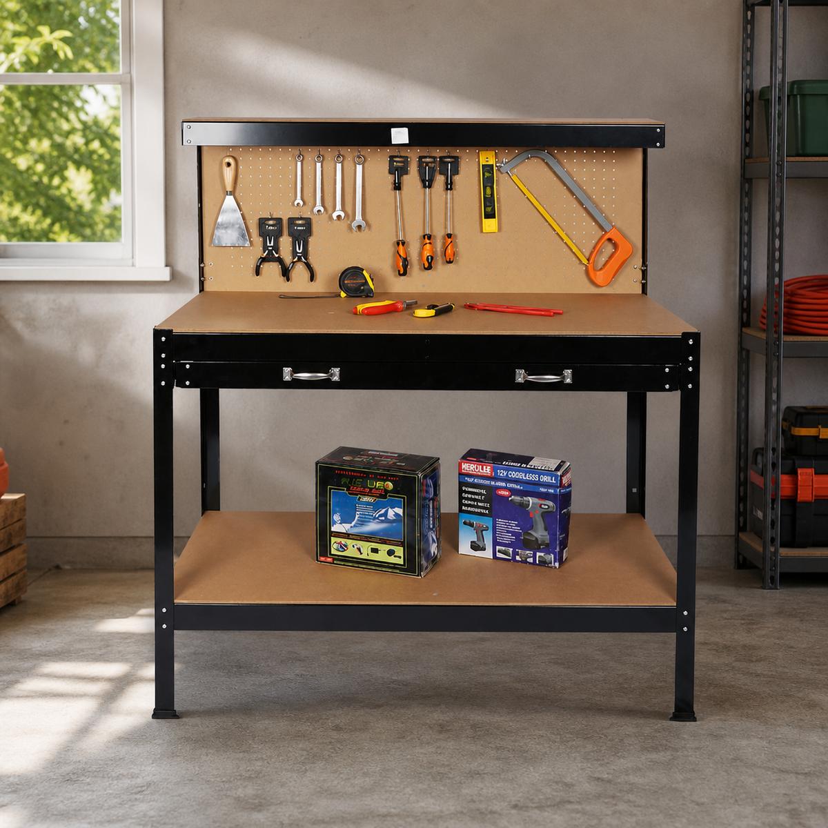 Workbench with Storage Drawers in a colorful realistic setting
