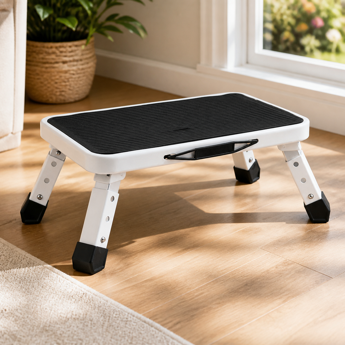 Adjustable Folding Steel Step Stool in a colorful realistic setting