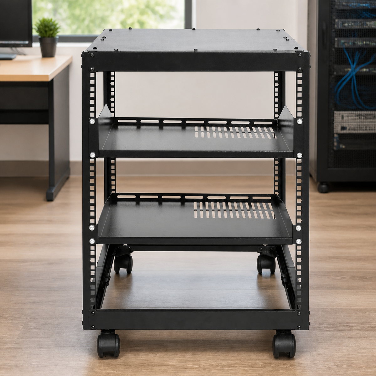 Adjustable 12U Open-Frame Server Rack with Casters in a colorful realistic setting