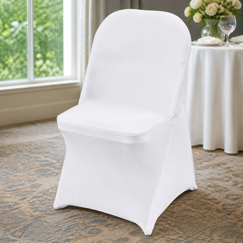 Stretch Folding Chair Covers — Set of 12, White in a colorful realistic setting