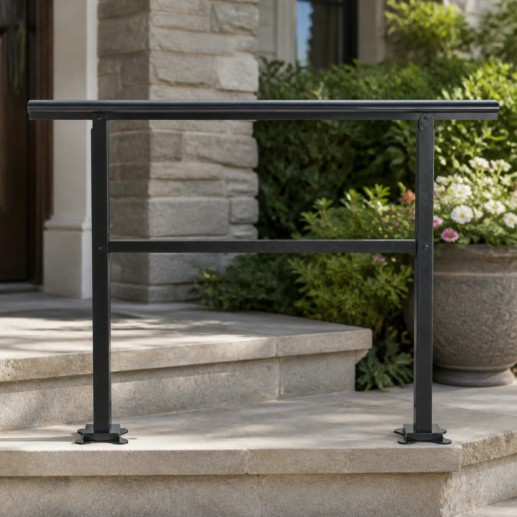 Adjustable Aluminum Outdoor Stair Handrail — Black in a colorful realistic setting
