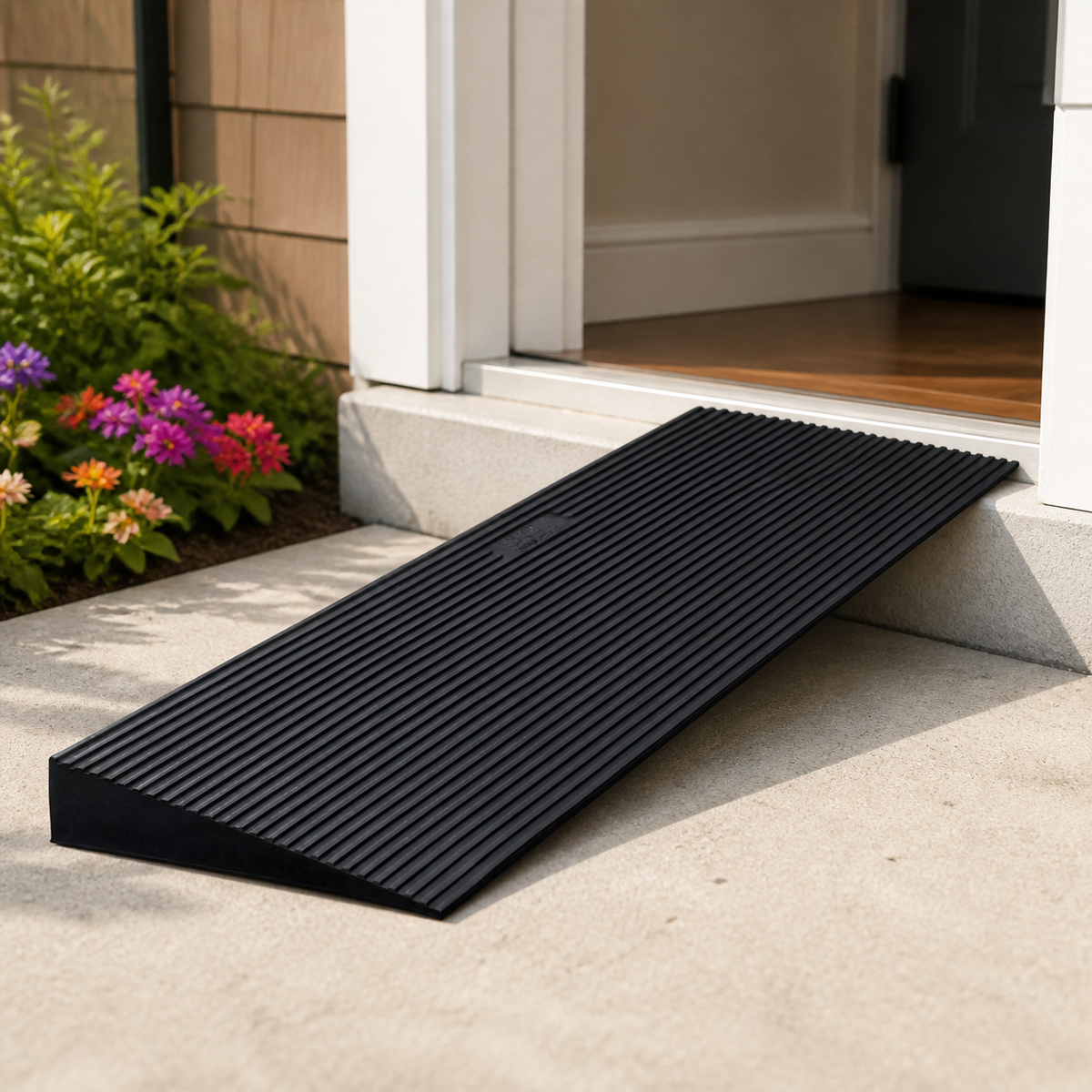 Cuttable Rubber Doorway Threshold Ramp in a colorful realistic setting