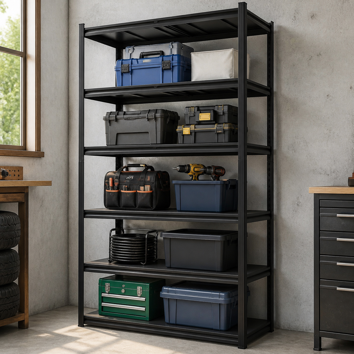 Five-Tier Heavy-Duty Storage Shelf in a colorful realistic setting