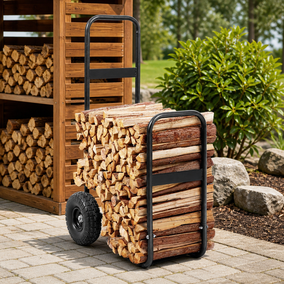 Rolling Firewood Cart with Waterproof Cover — Black in a colorful realistic setting