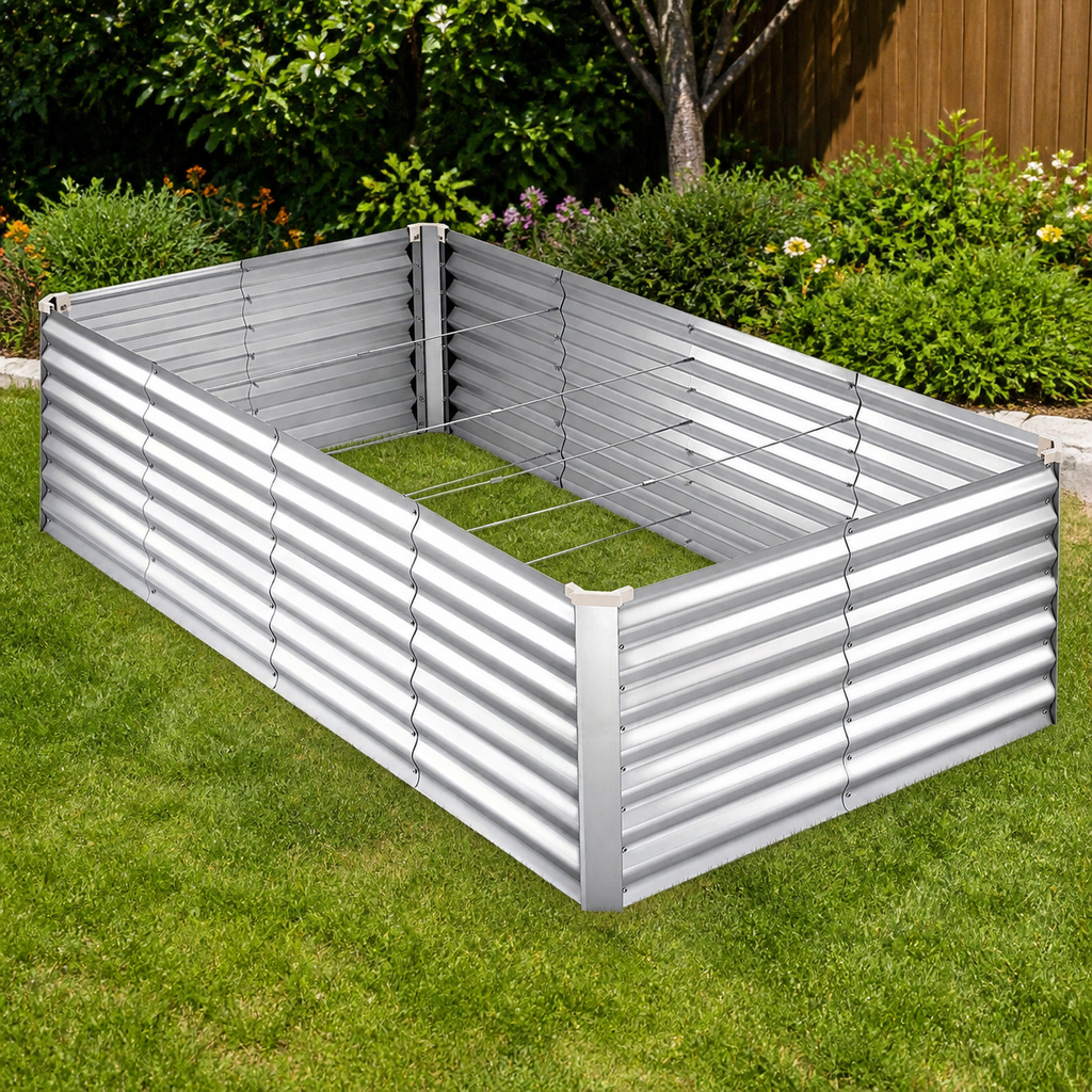 Galvanized Raised Garden Bed — Silver, 8 × 4 ft. in a colorful realistic setting