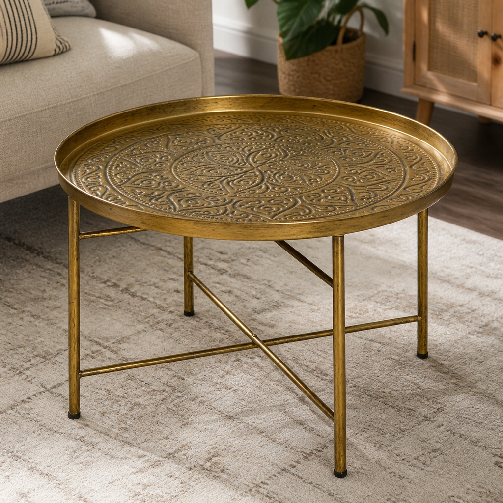 Round Hammered-Tray Coffee Table — Gold, 24 in. in a colorful realistic setting