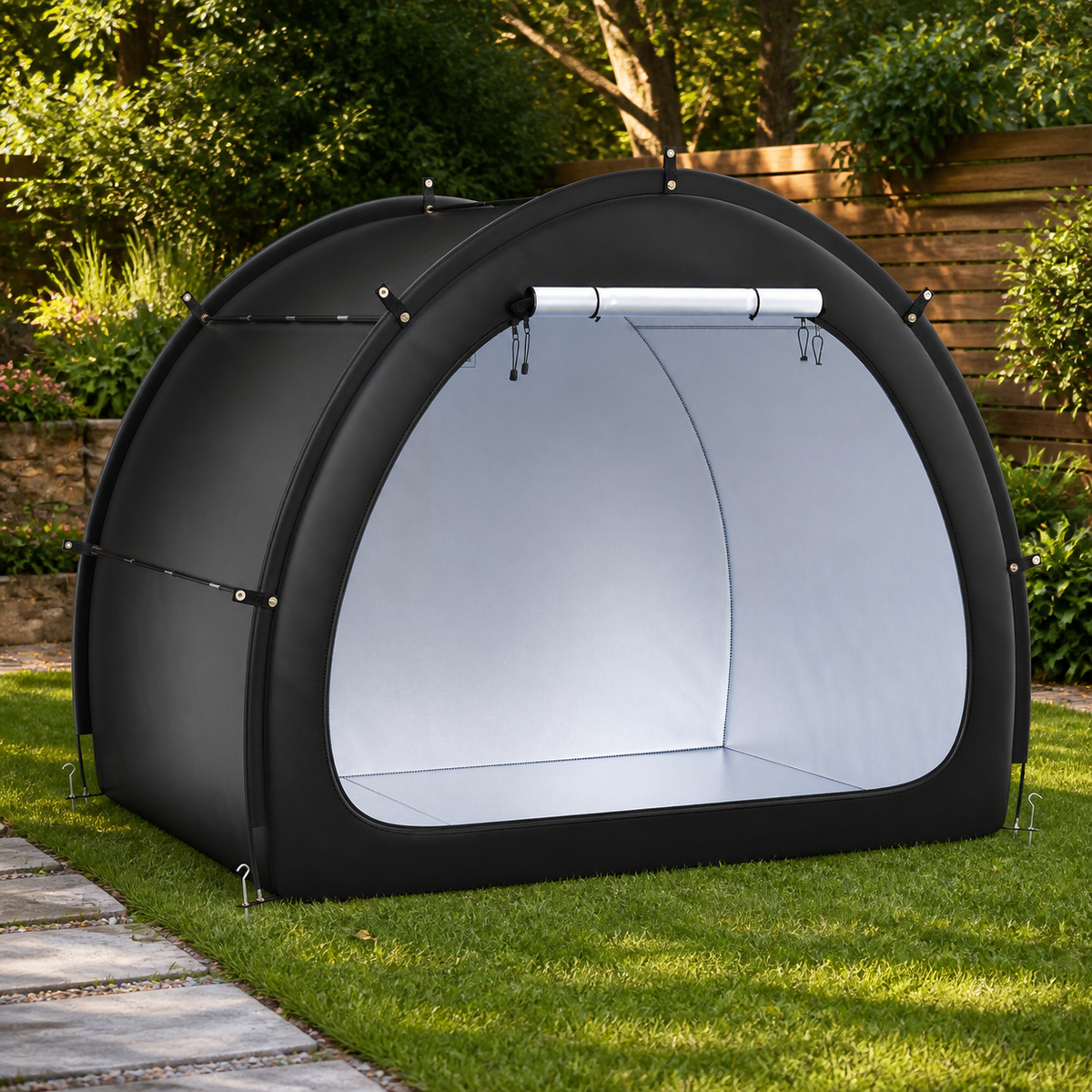 Waterproof Outdoor Bicycle Storage Tent in a colorful realistic setting