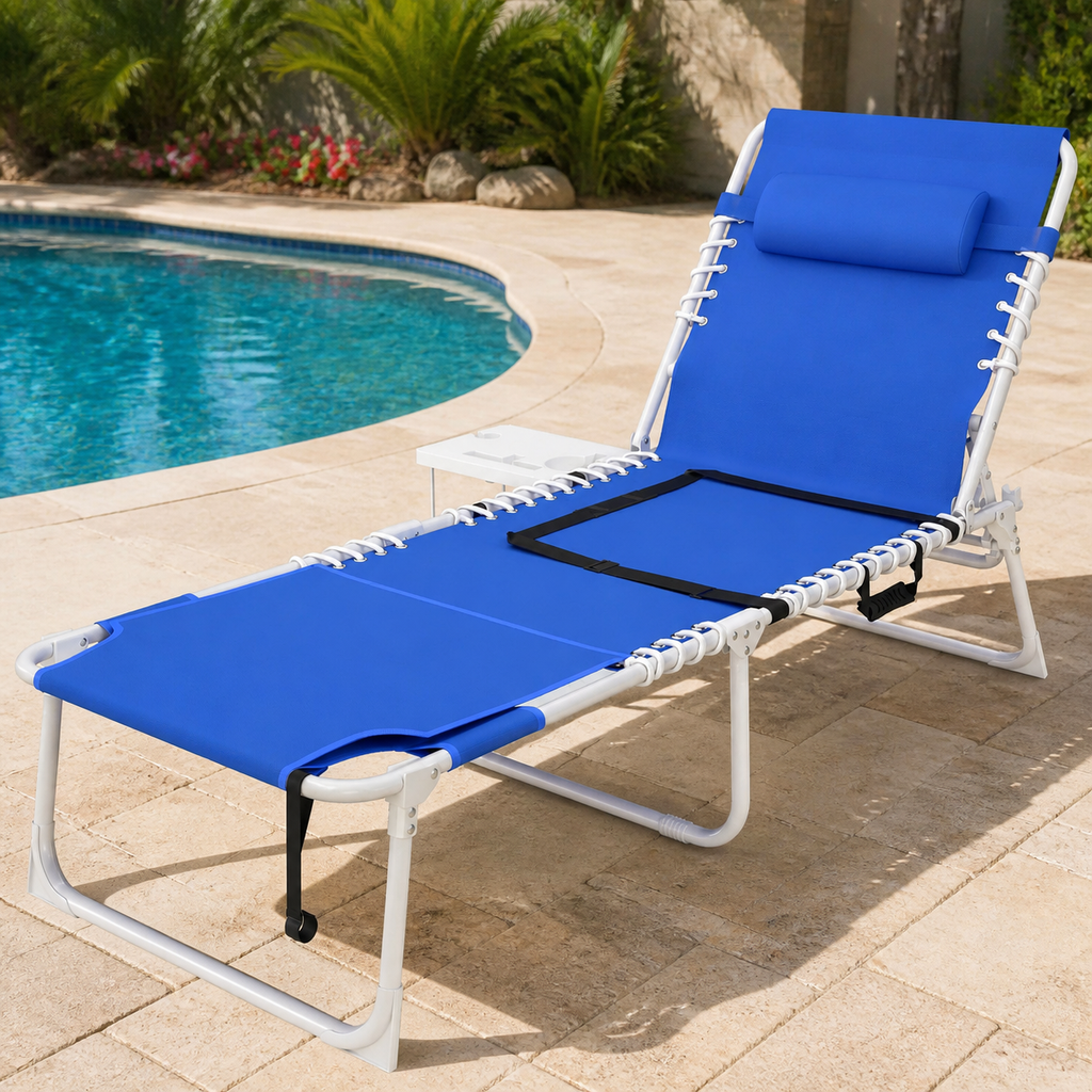 Five-Position Tanning Chaise with Side Table — Navy in a colorful realistic setting