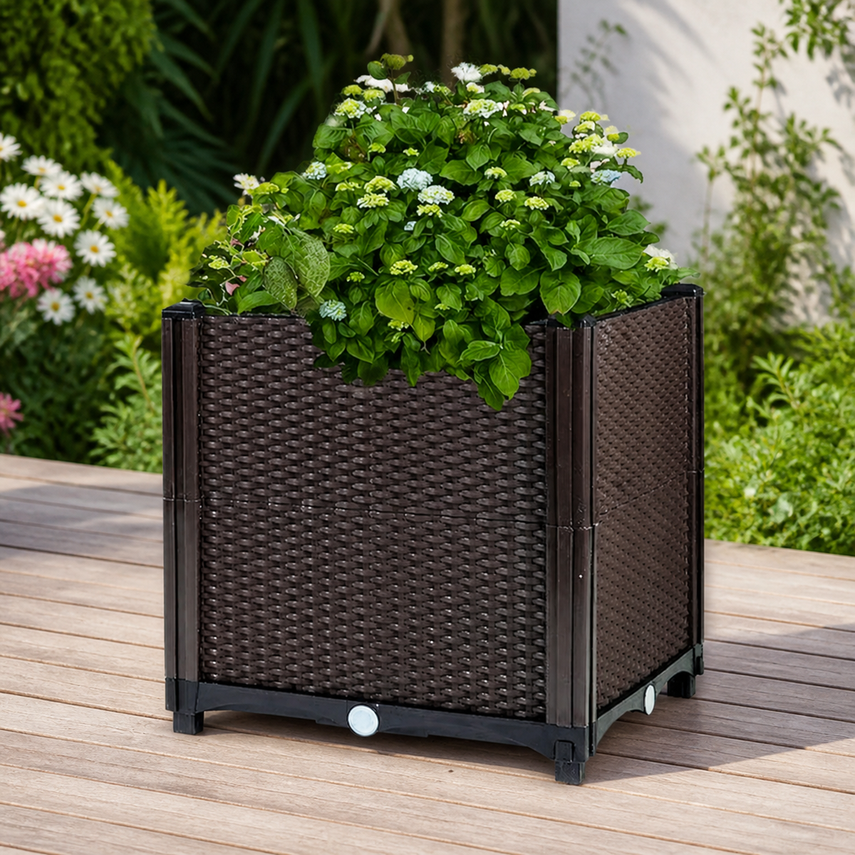 Self-Watering Elevated Garden Planter in a colorful realistic setting