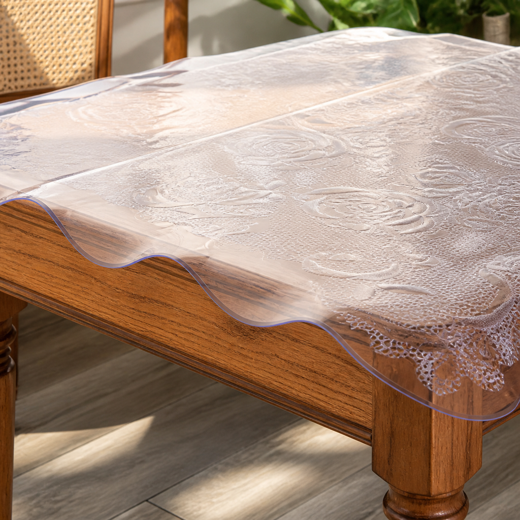 Clear Waterproof Table Protector — 36 × 60 in. in a colorful realistic setting