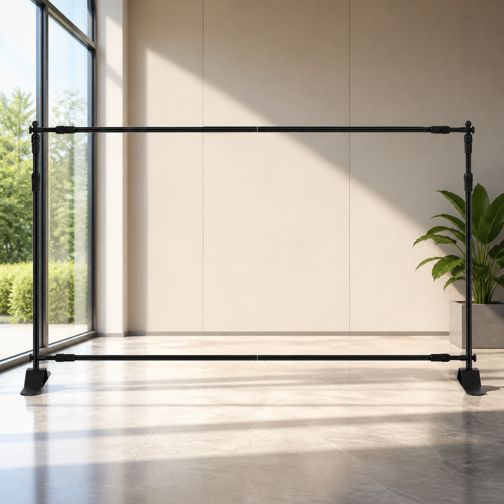Adjustable Telescopic Backdrop Banner Stand in a colorful realistic setting