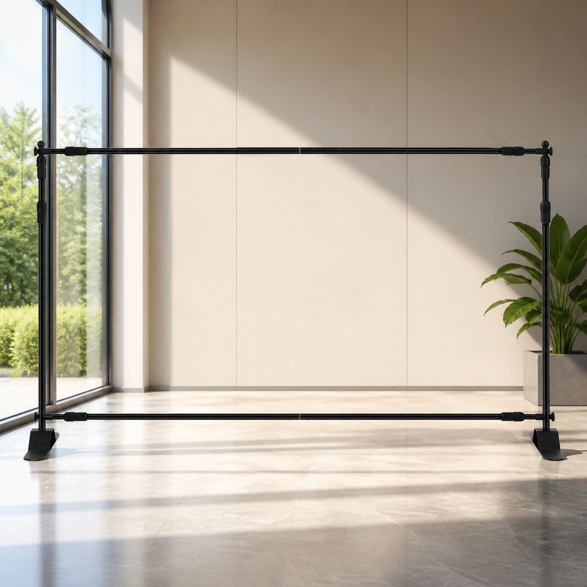 Adjustable Telescopic Backdrop Banner Stand in a colorful realistic setting