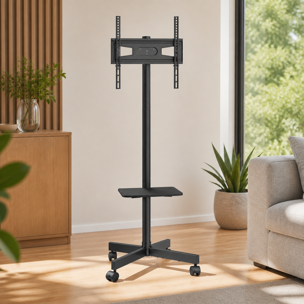 Adjustable Mobile TV Stand with Shelf in a colorful realistic setting