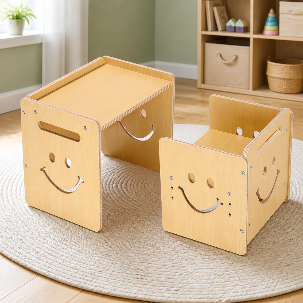 Montessori Toddler Table and Chair Set — Natural Wood in a colorful realistic setting