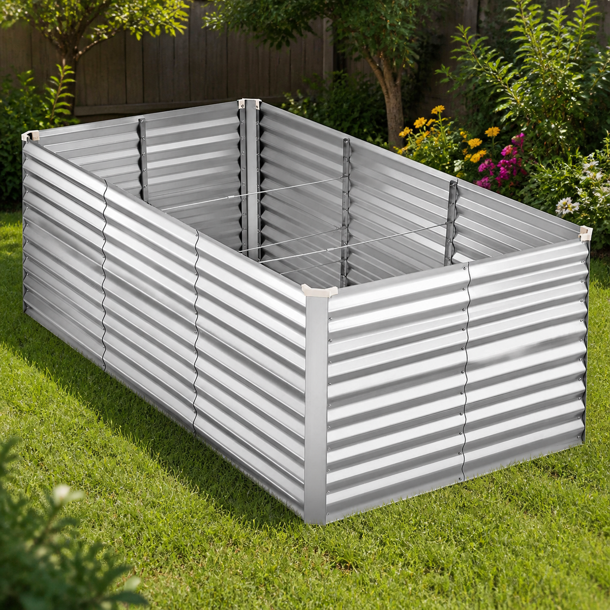 Galvanized Raised Garden Bed — Silver, 8 × 4 × 3 ft. in a colorful realistic setting
