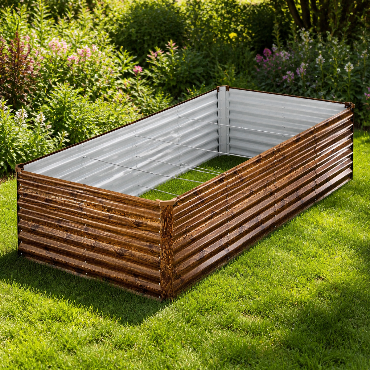 Galvanized Raised Garden Bed — Wood Grain, 8 × 4 × 2 ft. in a colorful realistic setting