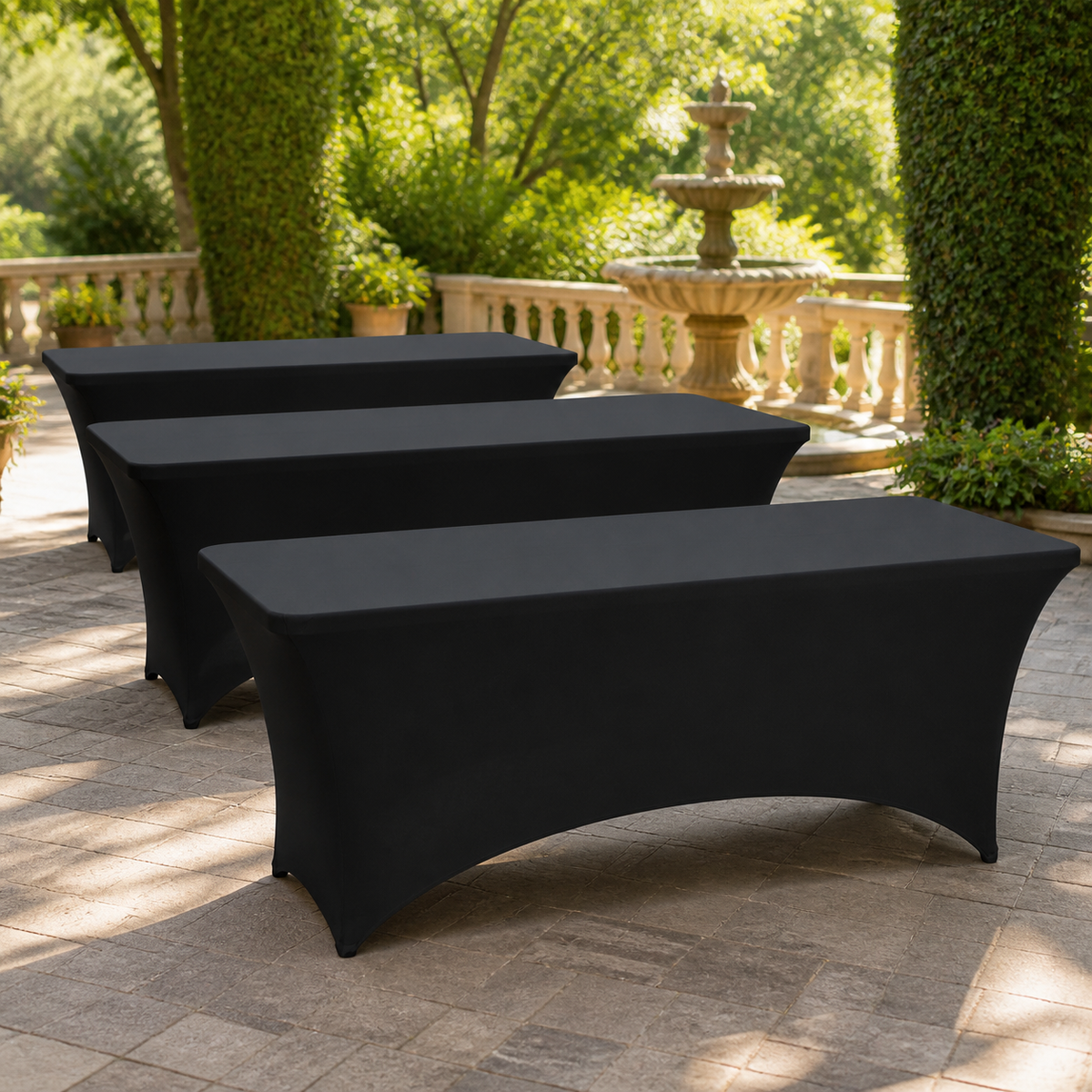 Stretch Fitted Table Covers — Set of 3, Black, 6 ft. in a colorful realistic setting