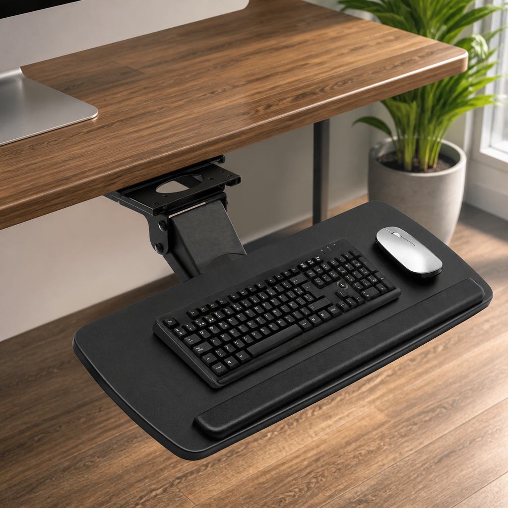 Adjustable Slide-Out Under-Desk Keyboard Tray in a colorful realistic setting