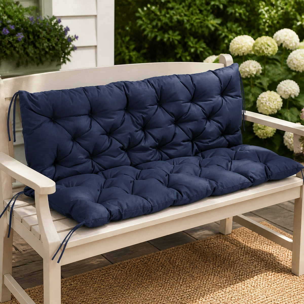 Tufted Outdoor Bench Cushion — Dark Blue, 59 in. in a colorful realistic setting