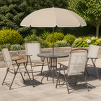 Six-Piece Patio Dining Set with Umbrella — Seats 4 in a colorful realistic setting