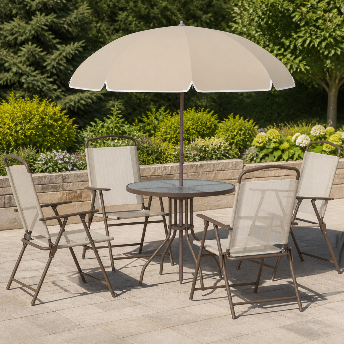 Six-Piece Patio Dining Set with Umbrella — Seats 4 in a colorful realistic setting