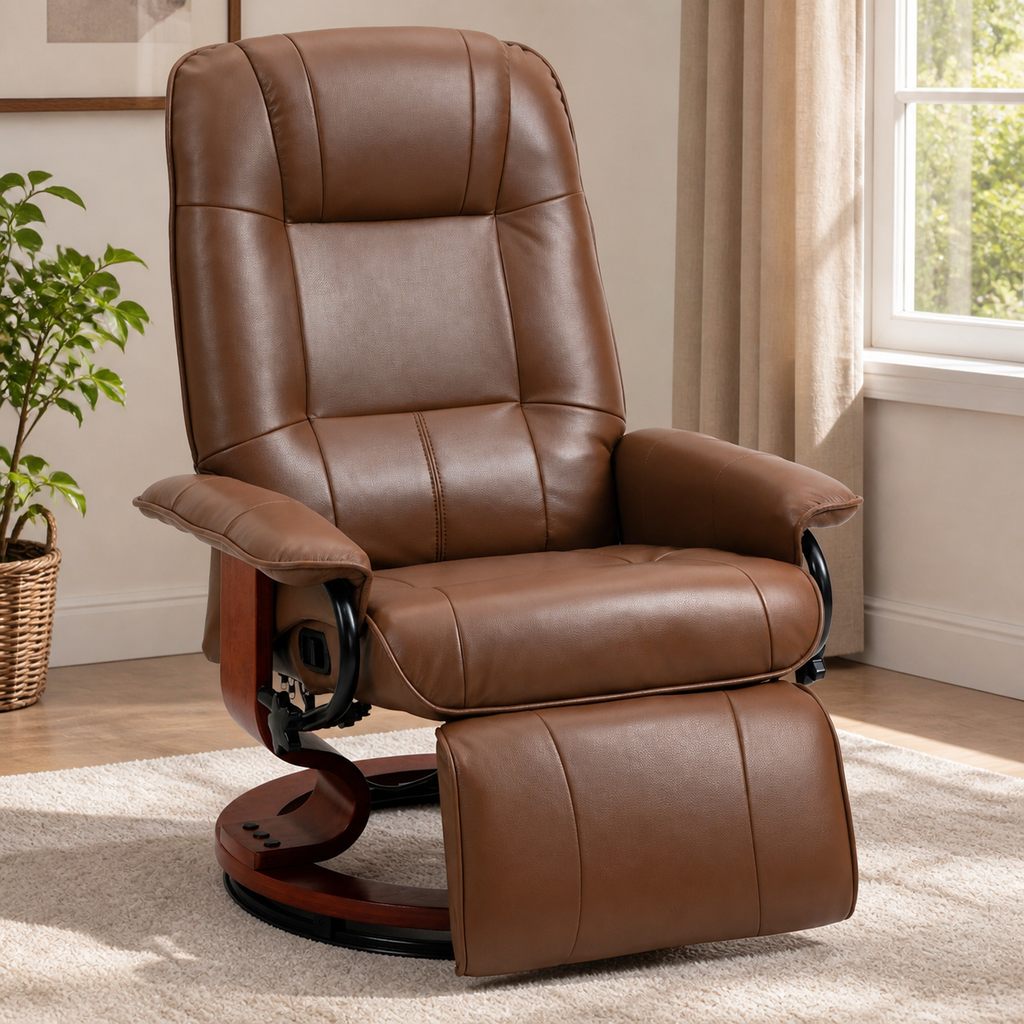 PU Leather Swivel Recliner with Footrest — Brown in a colorful realistic setting