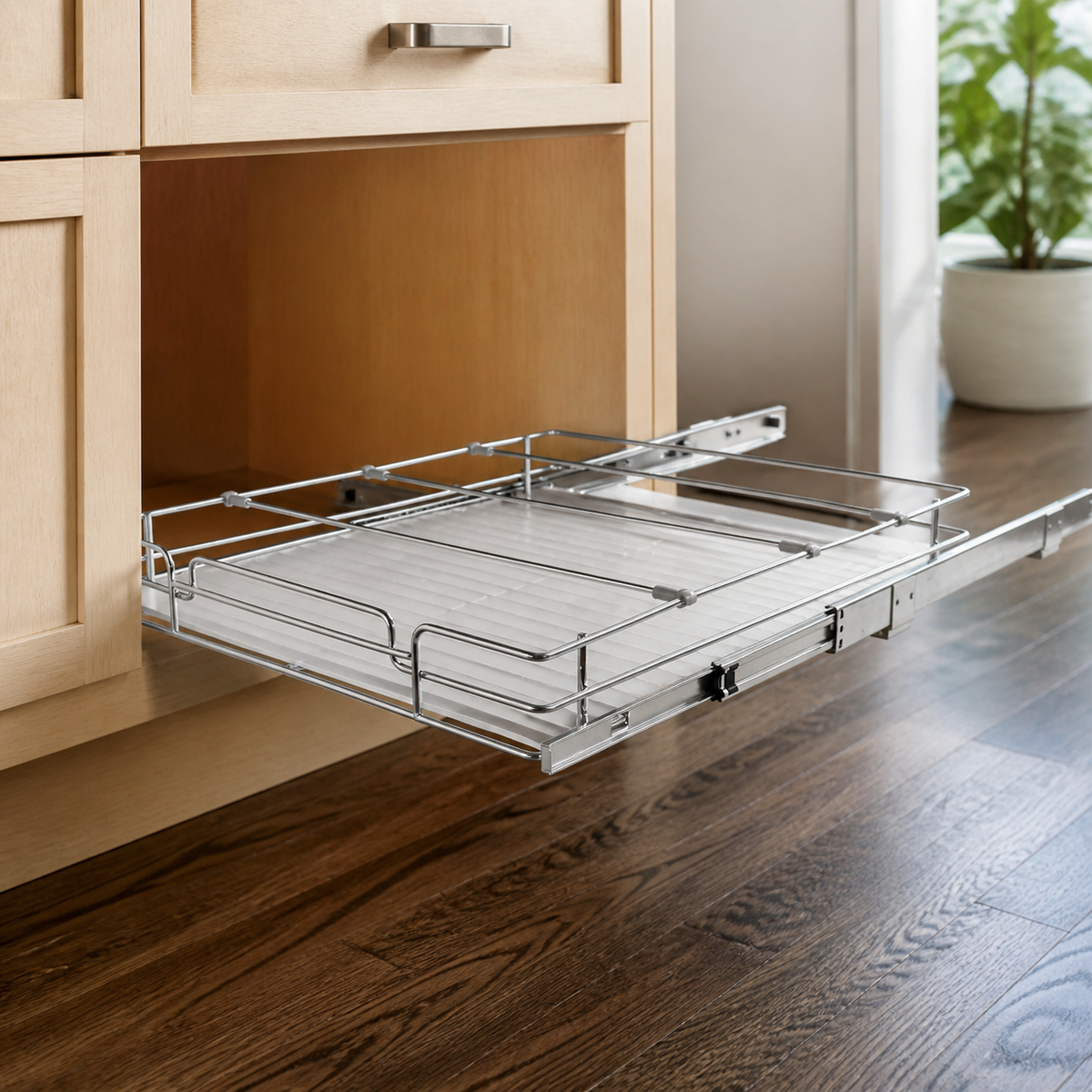 Pull Out Cabinet Organizer — Heavy Duty Slide Out Pantry Shelves in a colorful realistic setting