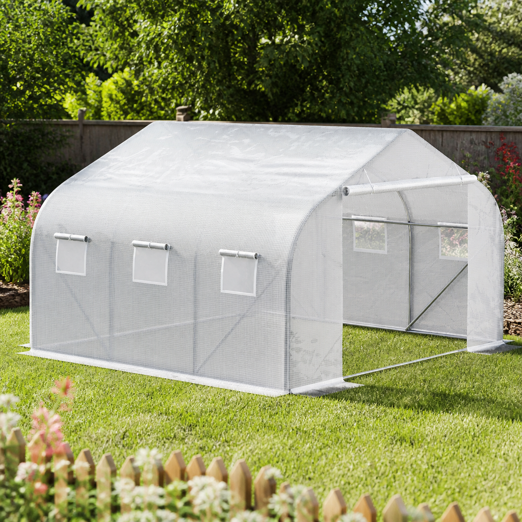 11.5 X 10 X 6.5 Outdoor Walk-in Greenhouse — Tunnel Green House with Roll-Up Windows in a colorful realistic setting
