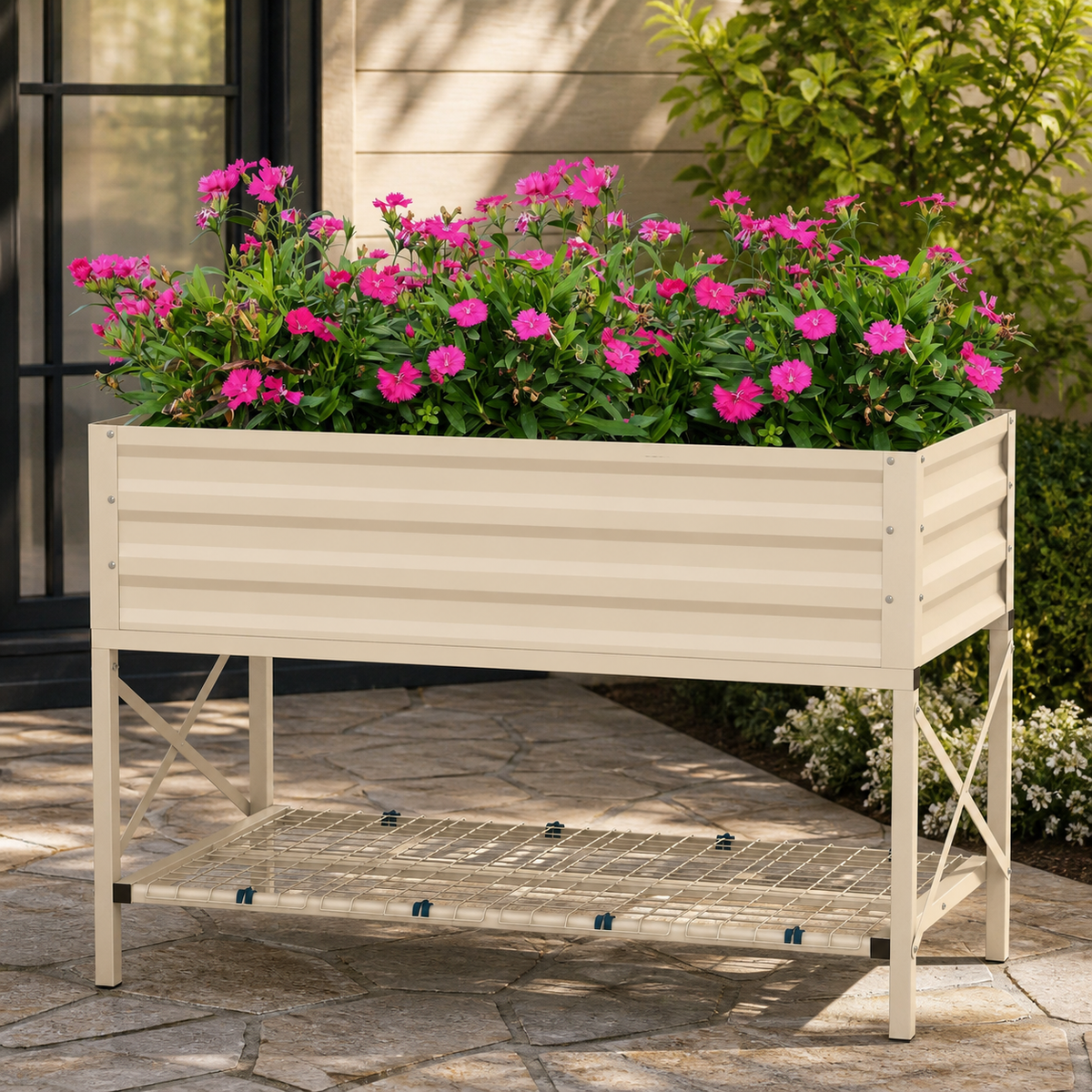 Galvanized Raised Garden Bed — Metal Planter Box with Legs in a colorful realistic setting
