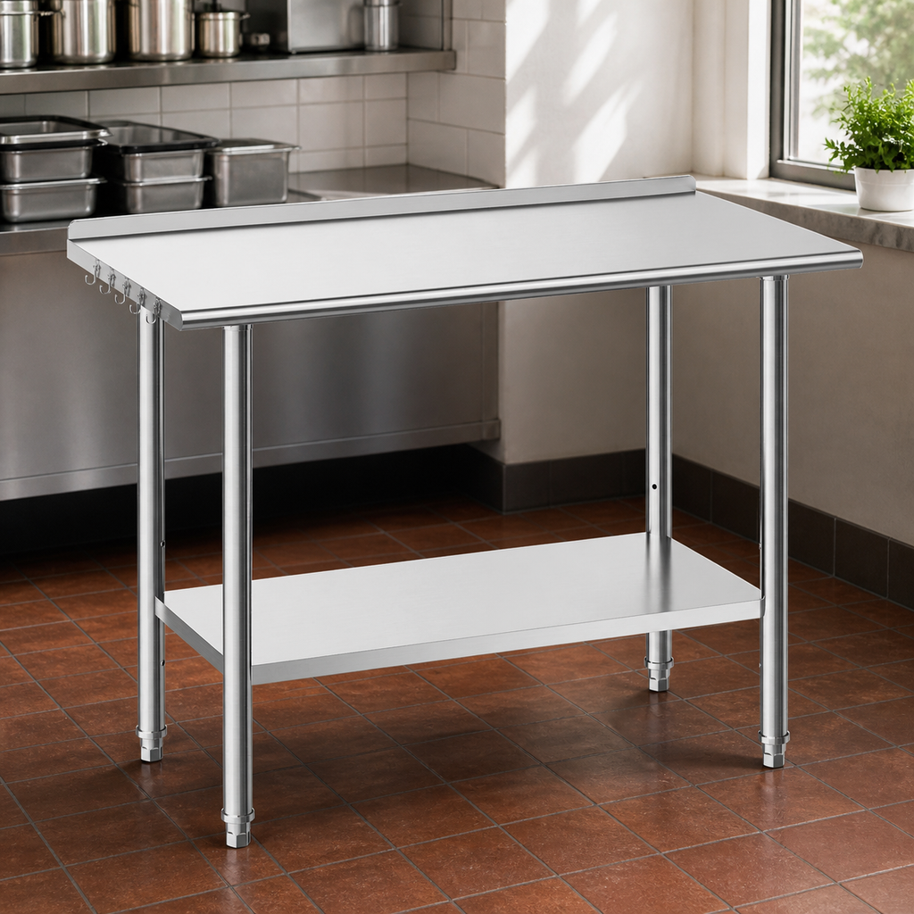 Stainless Steel Work Table — 24x48 Inch Food Prep Table with Backsplash in a colorful realistic setting