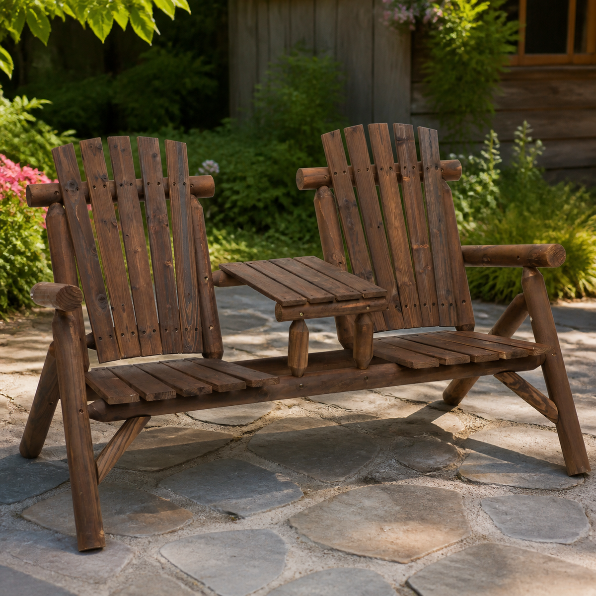 Wood Adirondack Patio Chair Bench with Center Coffee Table in a colorful realistic setting