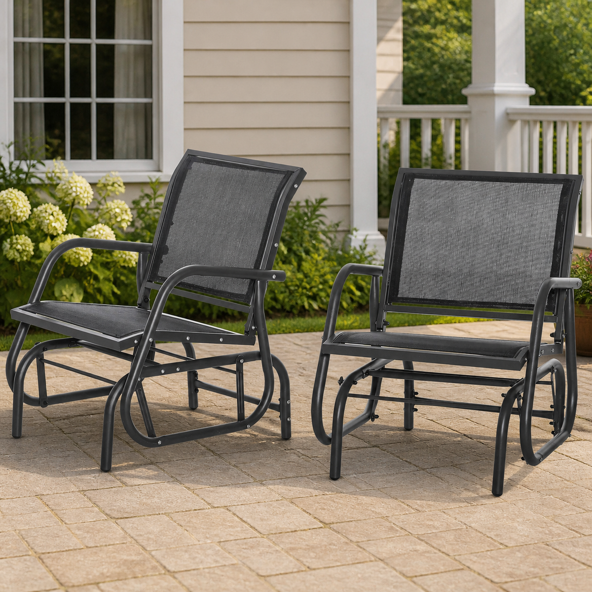 2-Piece Outdoor Glider Swing — Rocking Chair Set with Breathable Mesh Fabric in a colorful realistic setting
